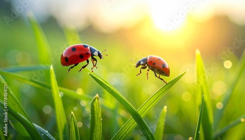 Two ladybugs are walking on green grass in a sunny outdoor scene with nature
