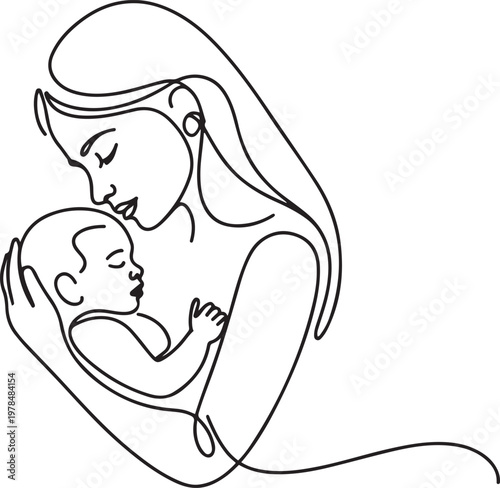 Mother and baby line art vector illustration, mothers day celebration. one line Icon drawing