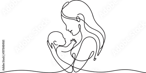Mother and baby line art vector illustration, mothers day celebration. one line Icon drawing