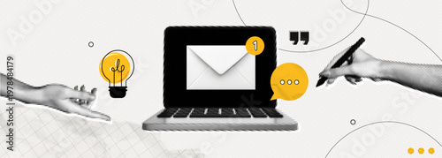 Trendy Halftone Collage Email Communication and Digital Marketing concept. Hands with letter on computer laptop. Close envelope with new message. Contemporary vector illustration art
