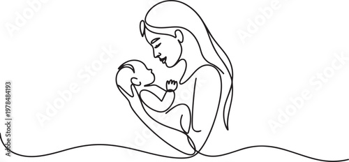 Mother and baby line art vector illustration, mothers day celebration. one line Icon drawing