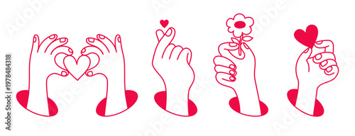 Vector hand drawn gesture, doodle sketchy illustration, sign, hand holding flower, heart, love, date and romance concept