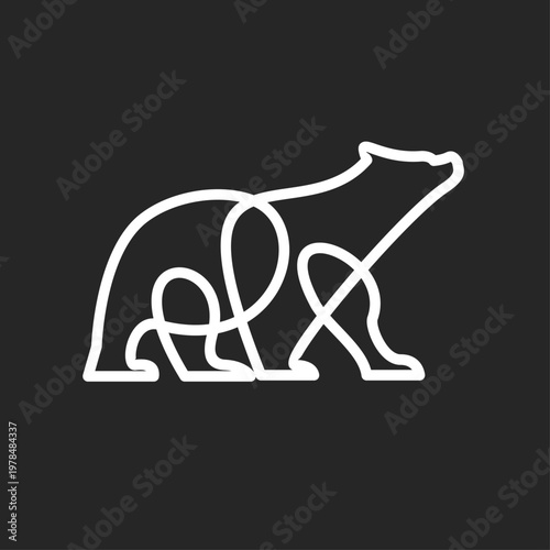 Minimalist One Line Bear Logo Design. Simple continuous white line art illustration of a wild animal silhouette on a dark background.