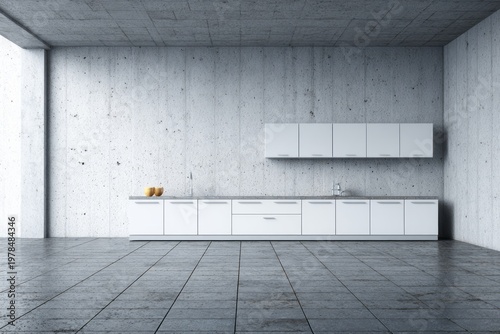 Modern minimalist kitchen with white cabinets and concrete walls.