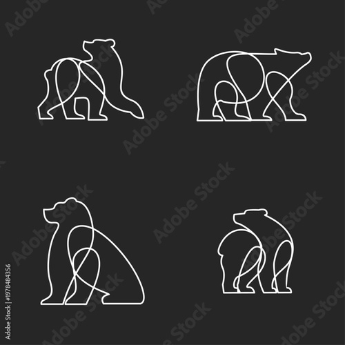 Set of Minimalist Bear Line Art Logos and Icons in Various Poses on Dark Background
