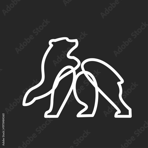 Minimalist continuous line art of a crouching bear animal outline logo design on a dark background.