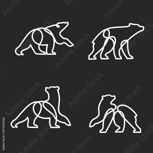 Set of four continuous line art bear icons and logos, featuring minimalist wild animal illustrations in various poses on a dark background.