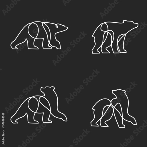 Continuous Line Art Bear Icons Set. Minimalist Outline Bear Logos on Dark Background.