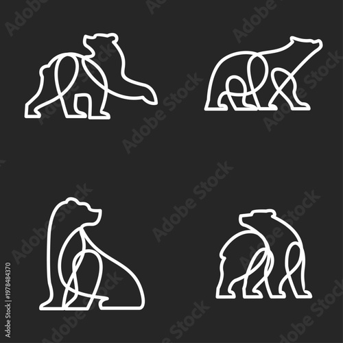 Minimalist Line Art Bears Vector Illustration Set - Modern Continuous Outline Animal Graphics
