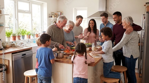 A diverse family gathers around the kitchen island preparing and enjoying a meal together indoors.