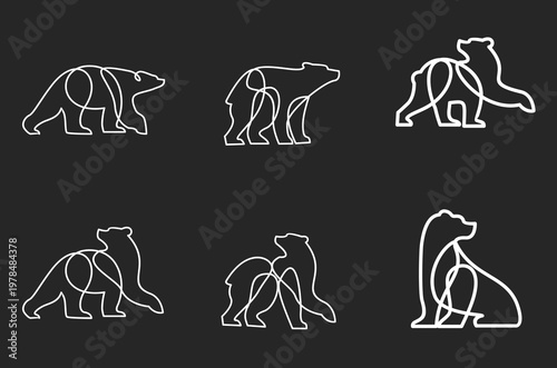 Minimalist Continuous Line Art Bear Illustrations Set. Abstract White Outline Bear Vectors in Various Poses on Dark Background for Logos.