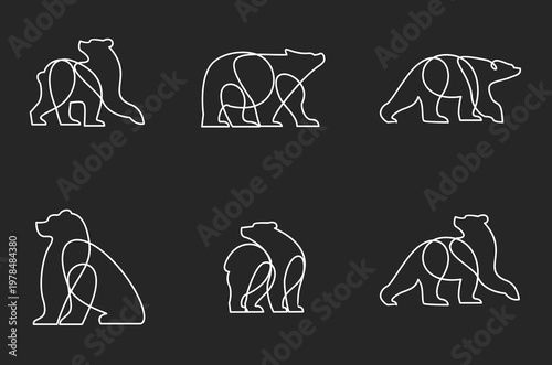 Minimalist Continuous Line Art Bears Vector Illustration Set, White Outline Animal Graphics for Logos