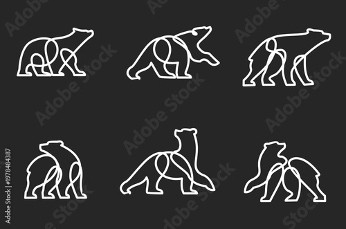 Minimalist One Line Bear Logo Designs Set on Dark Background