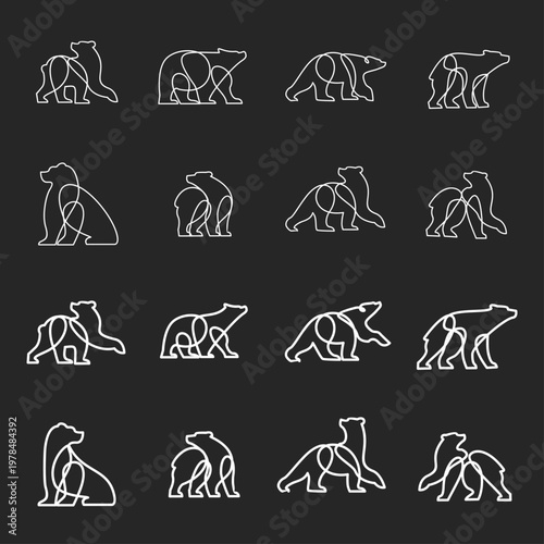 Minimalist Bear Line Art Logos and Icons Set. Collection of Modern Continuous White Outline Bear Designs on Dark Background for Branding and Graphics.