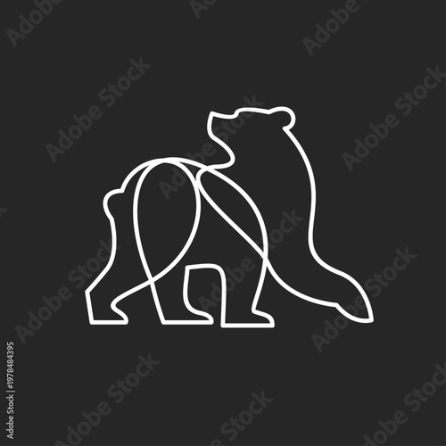 Abstract Minimalist Line Art Logo of Two Intertwined Bears, Mother and Cub, Continuous White Line Silhouette on Dark Background