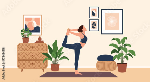 Young woman practicing yoga in a king dancer pose inside a cozy modern living room decorated with indoor plants and framed art.