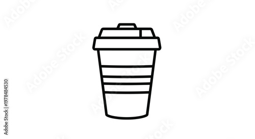 Minimalist line art illustration of a disposable coffee cup with a secure lid and heat sleeve for take away morning beverages.