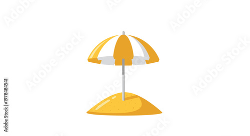 Classic beach umbrella with yellow and white stripes is planted firmly into a mound of golden sand on a bright sunny summer day.