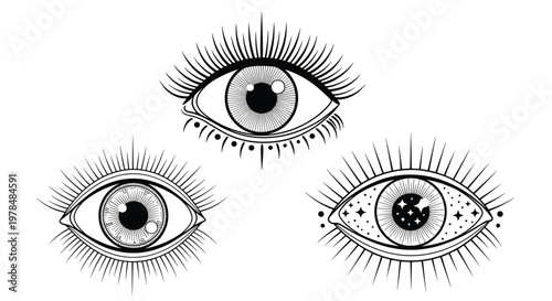 Set of three highly detailed mystical eye illustrations featuring celestial motifs and decorative lashes on a white background.