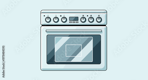 Frontal view illustration of a modern white kitchen stove and oven with black control knobs and a digital display.