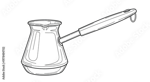 Traditional cezve coffee pot with a long handle is depicted in a clean and detailed black and white line art vector illustration.