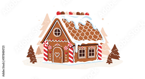 Sweet gingerbread house decorated with white icing and colorful candies sits in a snowy winter landscape with pine tree silhouettes.