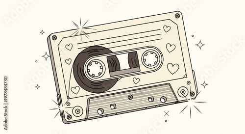 Retro cassette tape with heart decorations and sparkling stars evokes a nostalgic lo-fi aesthetic in a vintage cream color palette.