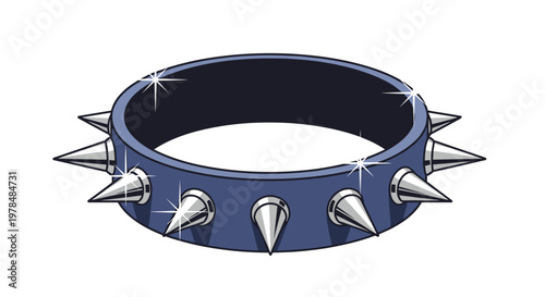 Blue leather spiked collar with shiny silver metal studs is rendered in a clean graphic style with small decorative sparkles.