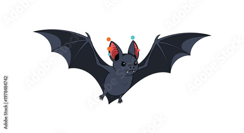 Playful bat illustration shows a cute dark grey bat flying with its wings spread and small colorful dots around its large ears.