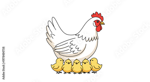 Mother hen is surrounded by five small yellow chicks in a cute farm animal illustration representing nature and family care.