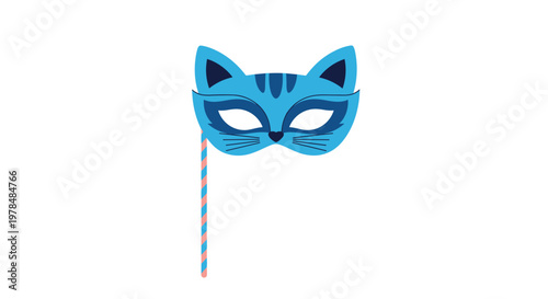 Blue cat mask on a stick features dark blue details and a striped forehead representing a fun costume accessory for parties.