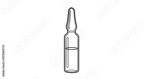 Small glass medical ampoule filled with clear liquid is depicted in a minimalist black and white line art icon for healthcare.