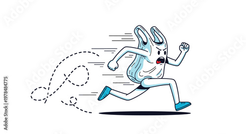 Angry plastic bag character with arms and legs is shown running away as a metaphorical illustration for environmental issues.