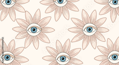 Surreal pattern displays multiple flowers where each center contains a realistic blue eye in a unique and artistic design.