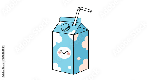 Cute blue milk carton with a smiling face features a cloud pattern and a white straw for a playful beverage themed illustration.