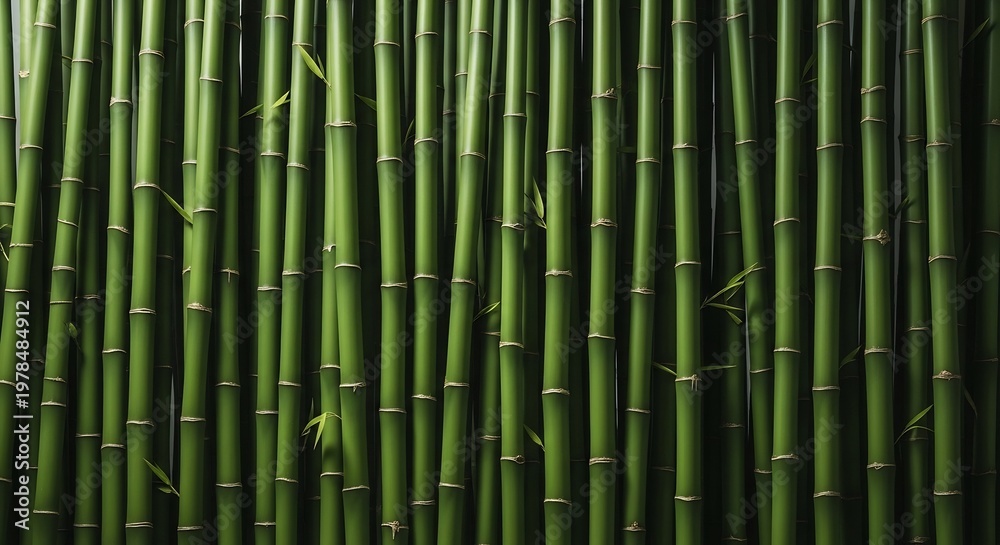 Obraz premium A Dense Wall of Vibrant Green Bamboo Stalks Illuminated by Soft Light.