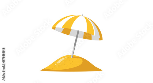 Bright yellow and white striped beach umbrella stuck into a small sand mound for summer vacation concepts.