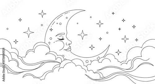 Peaceful crescent moon with a sleeping face resting on fluffy clouds among a starry night sky in line art style.