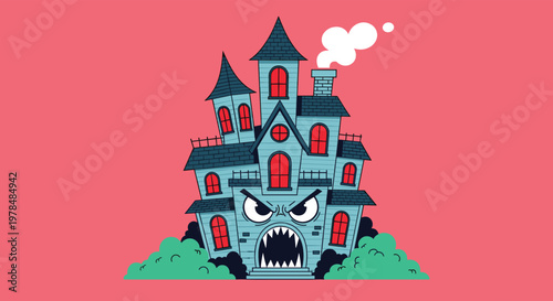 Menacing haunted house illustration with multiple towers red glowing windows and an angry mouth for a doorway.