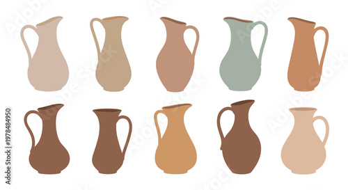 Collection of ten different ceramic jugs and pitchers in various shapes and earthy muted tones for home decor.