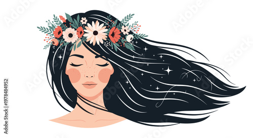 Beautiful woman with long dark flowing hair adorned with a vibrant flower crown and sparkling stars in her hair.