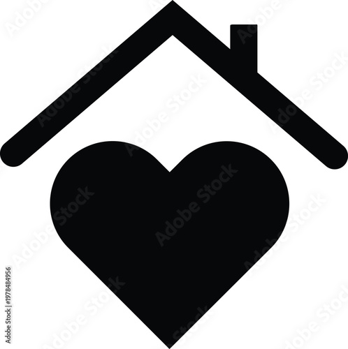 Minimalist house heart icon vector, black home roof with heart symbol, real estate love and family care logo, simple residential property silhouette
