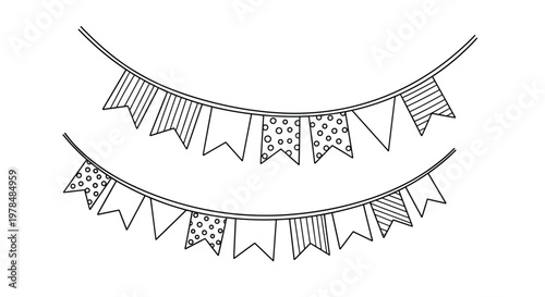 Simple line art illustration of two rows of hanging bunting flags with various patterns like dots and stripes.