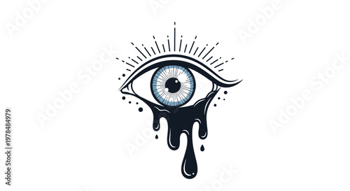 Surreal artistic illustration of a crying eye with a blue iris and black ink-like liquid dripping down like heavy tears.