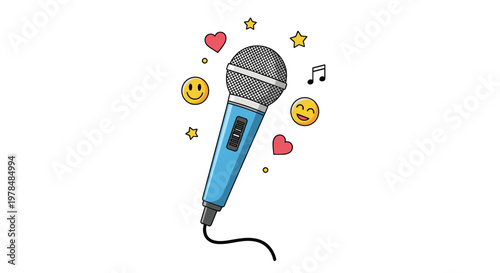 Dynamic blue microphone illustration surrounded by musical notes stars hearts and smiley faces for a music theme.