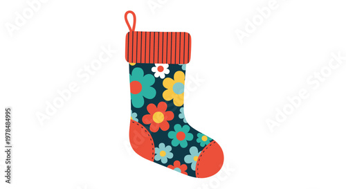 Vibrant Christmas stocking with a dark blue floral pattern red heel and toe and a red knitted top for holidays.