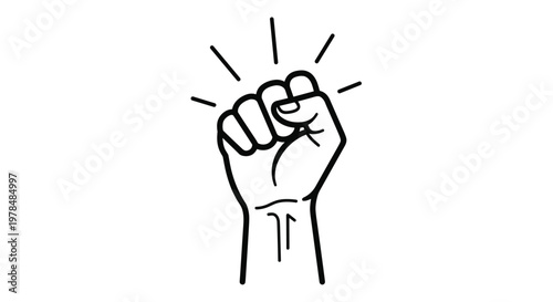 Powerful clenched fist raised in the air as a symbol of protest solidarity and strength in a simple line art style.