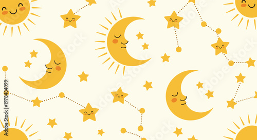 Celestial seamless pattern with cute smiling moons, suns, stars, and constellations on a cream background in a playful cartoon style.