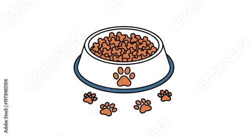 Simple graphic of a white dog food bowl filled with bone-shaped kibble surrounded by brown paw prints on a clean and bright white background.