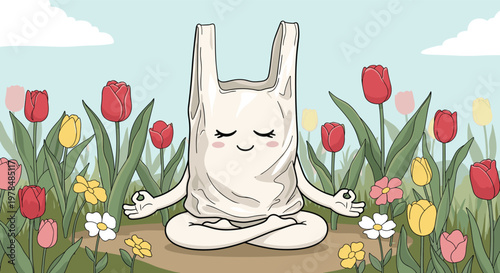 Playful illustration of a white plastic bag character practicing a yoga pose in a colorful meadow filled with tulips under a blue sky.